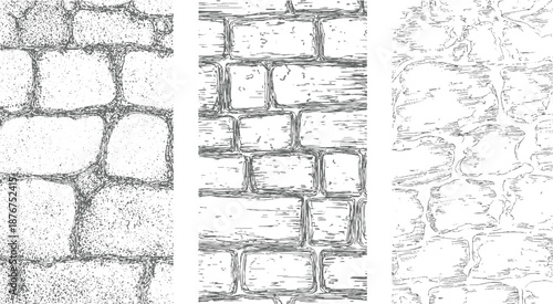 Close up detailed hand drawn textures of cobblestone wall brick wall and rough stone surfaces in a monochrome style for