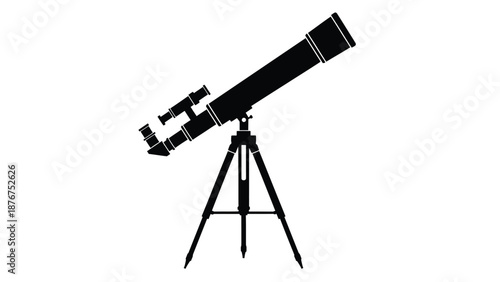 a black telescope on a tripod stand against a white background