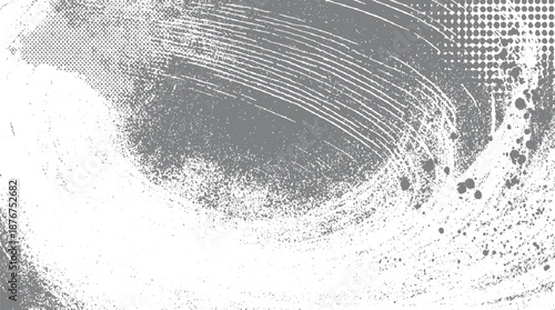 Grungy grey abstract background with swirling brush strokes halftone dots and scattered speckles for a distressed artistic effect