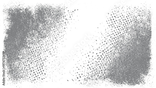 Distressed grey background with scattered speckles and halftone dot patterns creating a grunge textured abstract