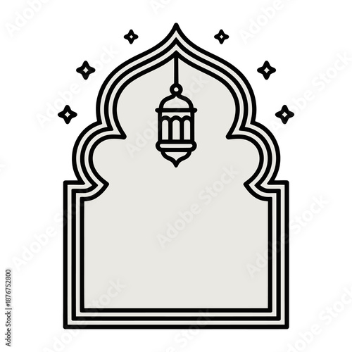 Ramadan Lantern Icon: An elegant Islamic-style arch adorned with a decorative lantern, and sparkling stars, the design is a symbol of faith and spiritual enlightenment. 