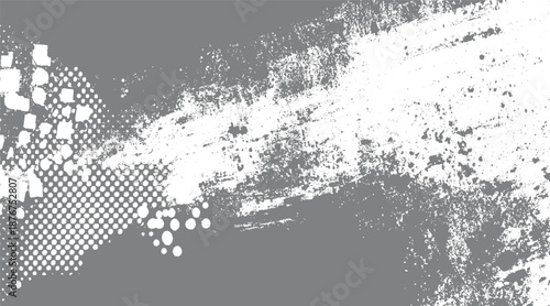 Grungy abstract background with rough grey textured brush strokes and a section of white halftone dots and squares on a grey canvas
