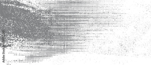 Abstract grey and white textured background featuring a gradient of halftone dots transitioning into a granular spray paint effect