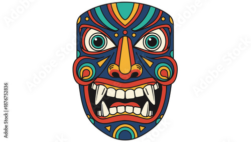 Intricate Traditional Tribal Mask with Vibrant Colors and Open Mouth on an Isolated White Background.