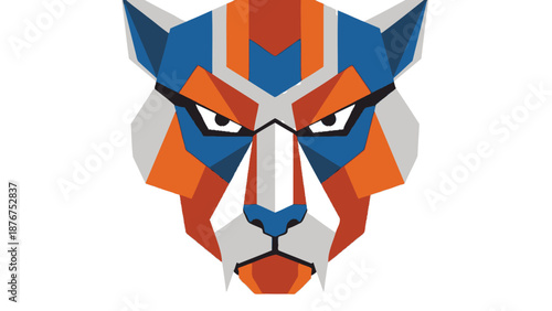 Abstract Geometric Tiger Face Illustration in Orange and Blue Colors on an Isolated White Background.
