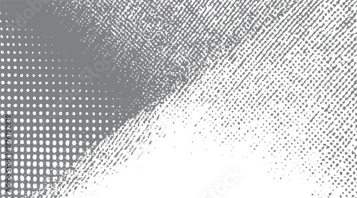 Abstract background with a diagonal transition from grey halftone dots to a rough grey textured spray paint effect on a white canvas