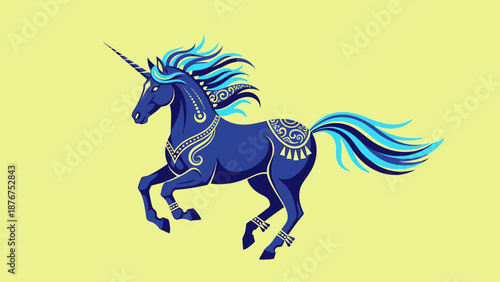 Majestic Blue Unicorn with Flowing Mane and Tail Galloping on a Pale Yellow Background.