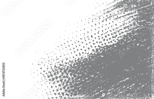 Abstract textured background with diagonal grey speckled spray paint marks and dots on a white canvas creating a distressed artistic effect