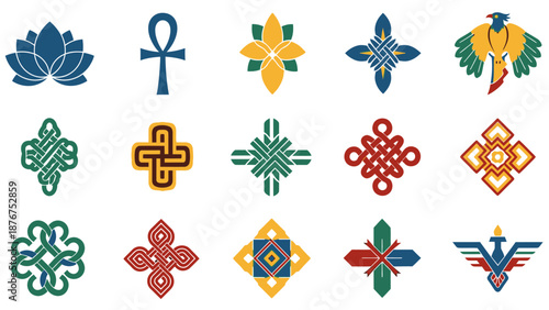 Diverse Collection of Traditional Cultural Symbols and Decorative Icons Set on an Isolated White Background.