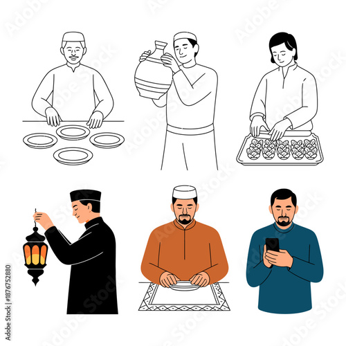 Ramadan Traditions: Depiction of preparation with lantern, meals, smartphone, cup, plate, and decoration. Celebrating the holy month through moments of devotion, and reflection.