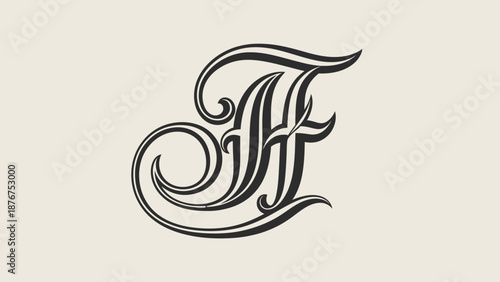 Ornate vintage style capital letter F typography with elegant flourishes on a light beige background