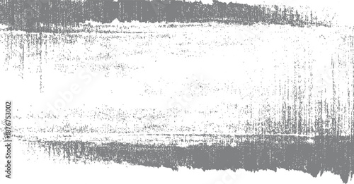 Distressed abstract background with rough horizontal textured bands of gray particles and splatters on a stark white canvas