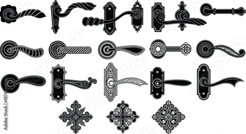 Decorative door handle and knob silhouettes vintage ornate hardware collection black and white classic metal design vector set
