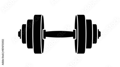 Black silhouette of a gym dumbbell weight for fitness and exercise on isolated white background