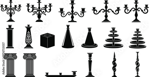 Decorative candle holders and pedestal silhouettes set classic candelabra columns stands black and white isolated vector collection