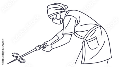 Surgeon in scrubs and mask handling surgical scissors