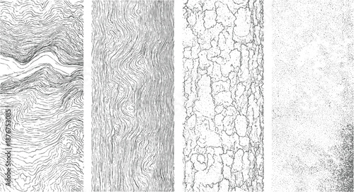 Intricate abstract line patterns resembling topographic maps and wood grain textures in monochrome