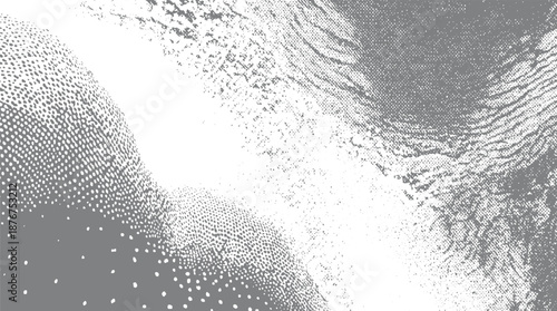 Abstract monochrome background with organic shapes formed by textured dots and grainy surfaces suggesting natural forms or cellular structures with depth