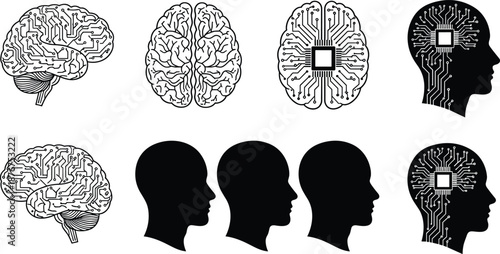 Artificial intelligence human brain and digital mind black silhouette vector set neural network technology concept illustration