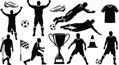 Soccer player silhouette black vector set football action poses ball trophy shoes jersey icons isolated illustration