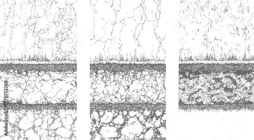 Ground layers with cracked surfaces, stippled textures, and linear hatching in monochrome style abstract