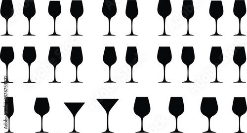 Wine glass silhouettes set black vector icons collection different glass shapes isolated on white background for bar restaurant design
