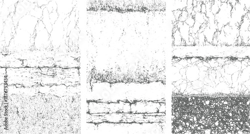Textured compositions of cracked stone walls, layered soil, and stippled granular surfaces in monochrome
