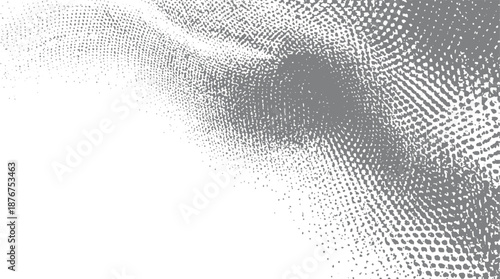 Abstract grayscale halftone dot pattern radiating outwards from a central point creating a dynamic and textured visual effect on a white background