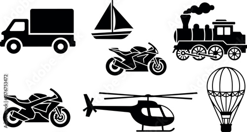 Black silhouette icons of delivery truck sailboat motorcycles steam train helicopter and hot air balloon isolated on white background