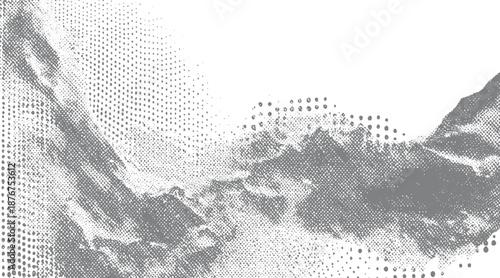 Abstract grayscale textured background with a dynamic wave pattern formed by halftone dots and distressed lines creating a sense of movement and depth