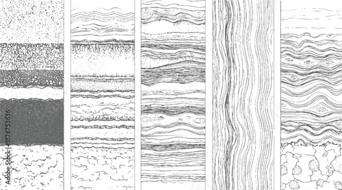 Diverse geological soil layers and natural wood grain textures rendered in monochrome line style with varying textures and organic formations