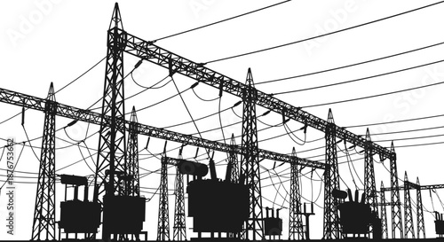 Electrical Substation Transformers and Power Lines Silhouette vector illustration