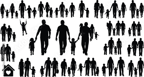 Family silhouette set parents and children walking together black vector illustration happy family concept isolated white background