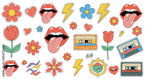 A vibrant collection of retro groovy stickers from the 70s, including mouths with tongues, flowers, cassette tapes, and lightning bolts.