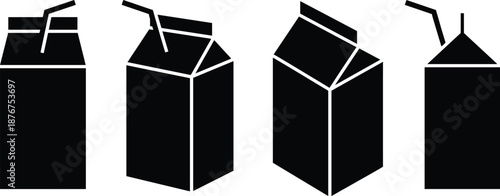 Four black icons of milk cartons with straws, two open and two closed drink beverage
