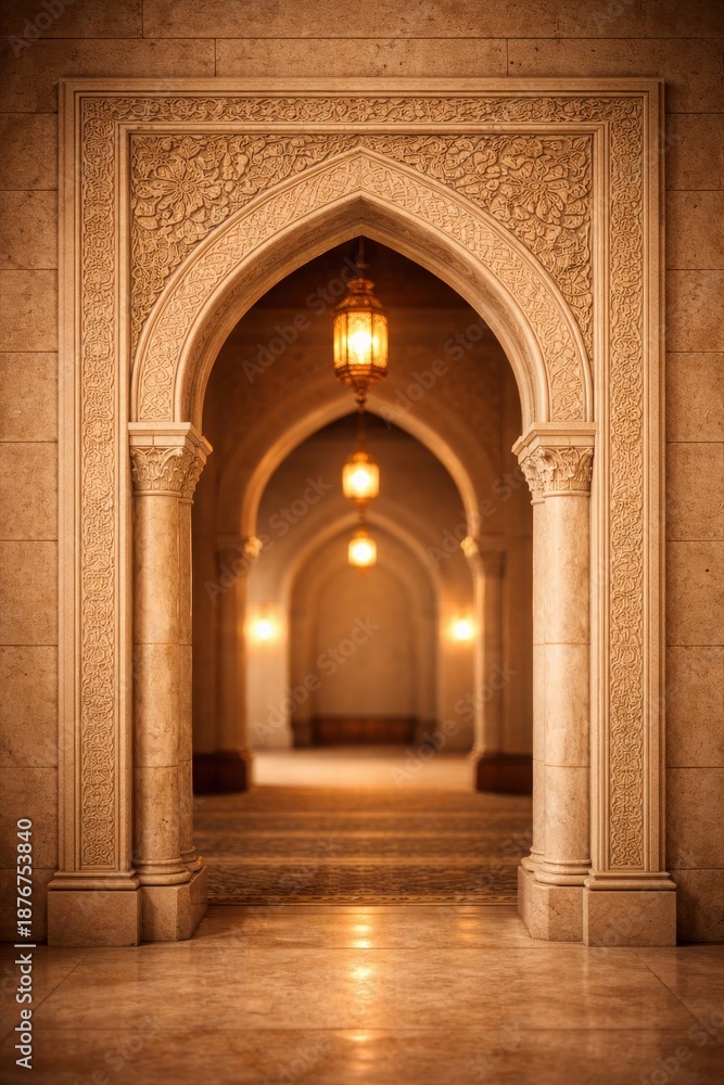 Fototapeta premium Symmetrical view through multiple stone arches with glowing lanterns hanging in a grand palace hallway