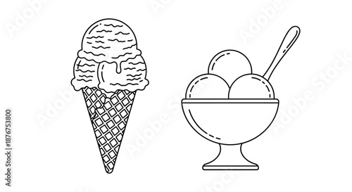A set of two ice cream dessert icons in a clean black and white line art style, featuring a cone and a bowl.