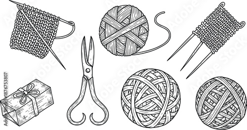 Collection of hand drawn knitting yarn balls needles and scissors sketch illustrations