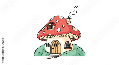 A whimsical cartoon illustration of a fairy house shaped like a red and white spotted mushroom with a chimney and windows.