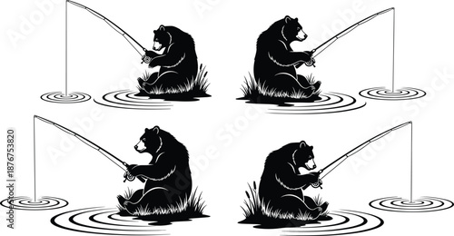 Fishing bear silhouette black vector illustration wild animal nature outdoor activity minimal flat design isolated on white background