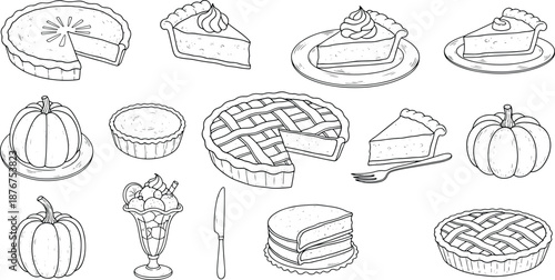 Collection of hand drawn pumpkin pie and sweet dessert doodle illustrations