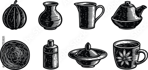 Collection of hand drawn vintage kitchenware and pottery sketch illustrations