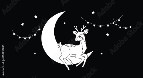 A beautiful black and white celestial scene with a young deer standing on a crescent moon under strings of glowing stars.