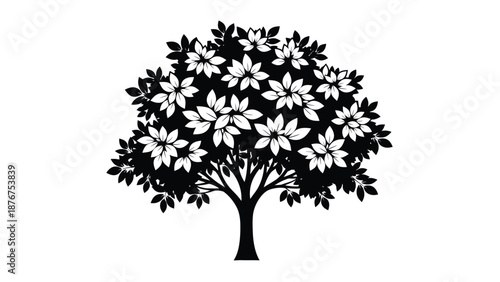 a black and white tree with flowers and leaves