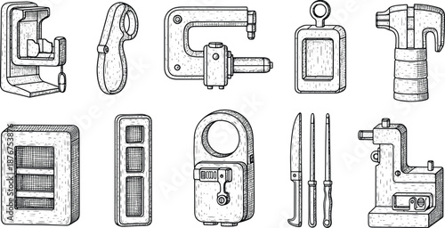 Collection of hand drawn workshop and carpentry tools sketch illustrations