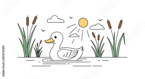 A charming and simple line art scene of a white duck swimming in a pond with reeds, under a shining sun and clouds.