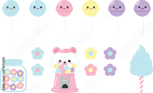 Cute pastel candy and sweets elements set with smiling faces flat vector illustration for kids design
