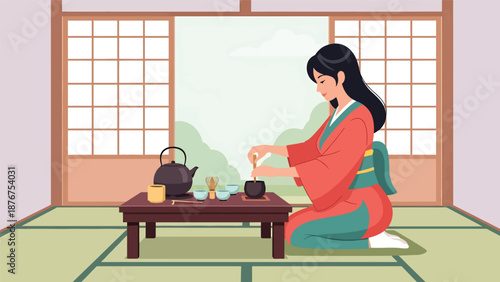 Flat vector illustration of a Japanese woman preparing tea in a traditional tatami room, calm cultural lifestyle activity inspired by classic Japanese daily rituals