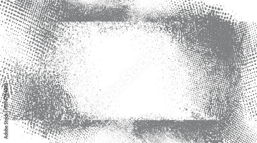 Abstract distressed frame with halftone dot textures and speckled grunge effect in gray and white for background