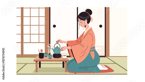 Flat vector illustration of a Japanese woman preparing tea in a traditional tatami room, calm cultural lifestyle activity inspired by classic Japanese daily rituals